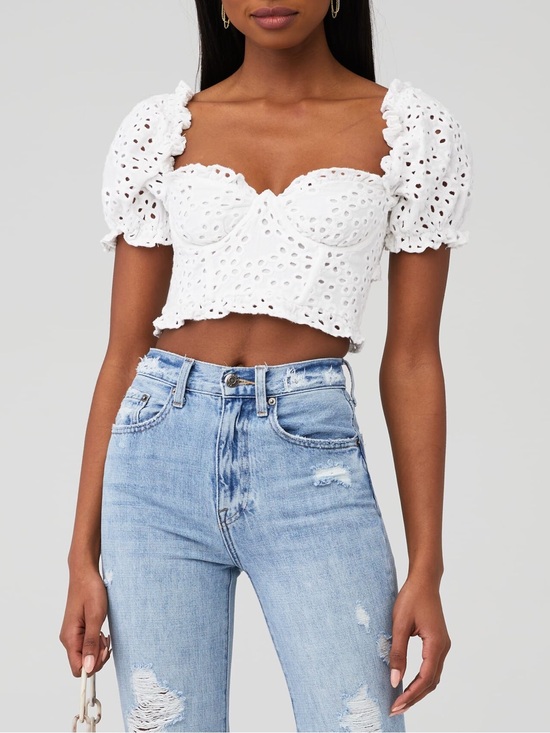 For Love And Lemons Tops - FOR LOVE & LEMONS White Eyelet Puff Sleeve Crop Top Lace Pouf Shoulder Medium